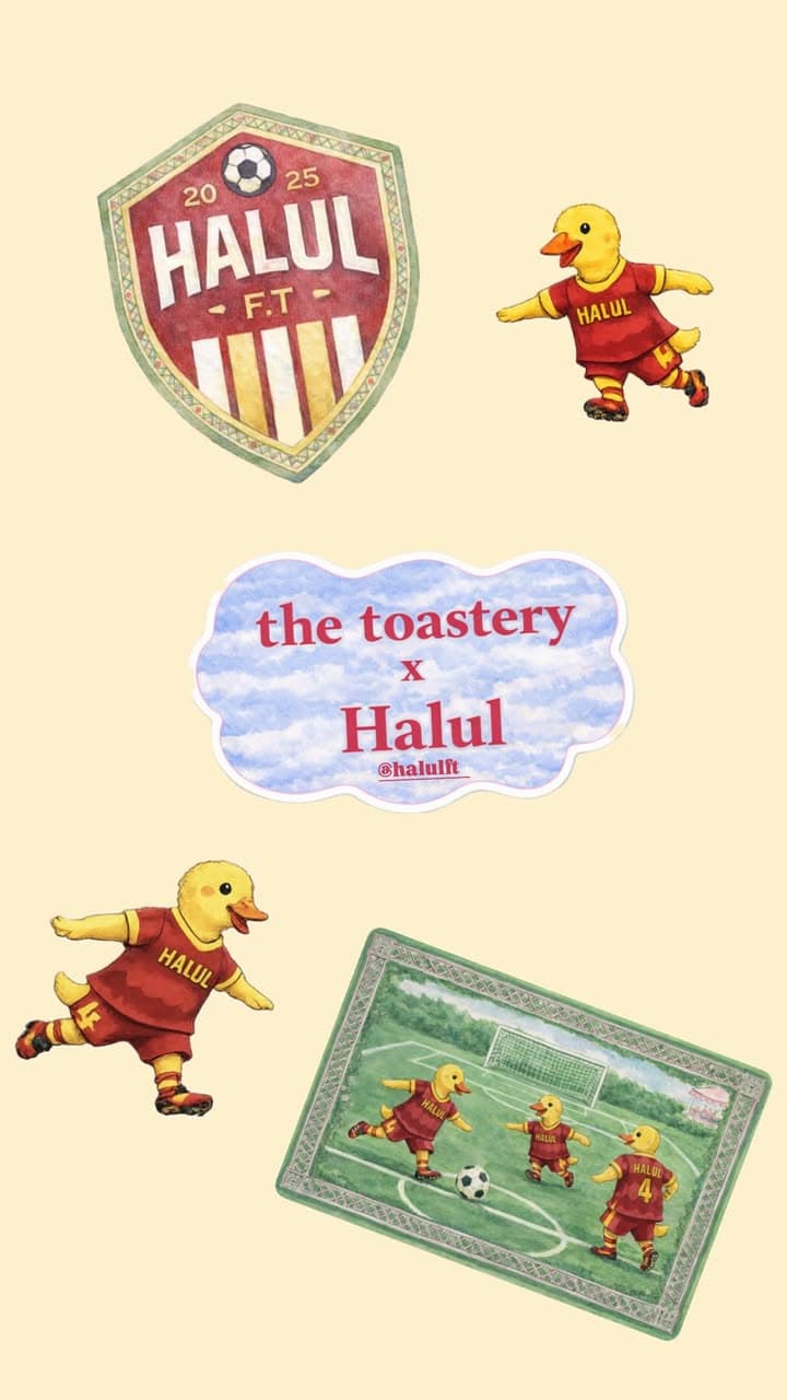 The toastery × Halul sticker sheet on a butter-yellow ground: a red and gold HALUL F.T. crest dated 2025, a yellow duck mascot in red kit, a cloud-shaped sticker reading the toastery x Halul over a blue sky, and a framed illustration of three ducks playing football.
